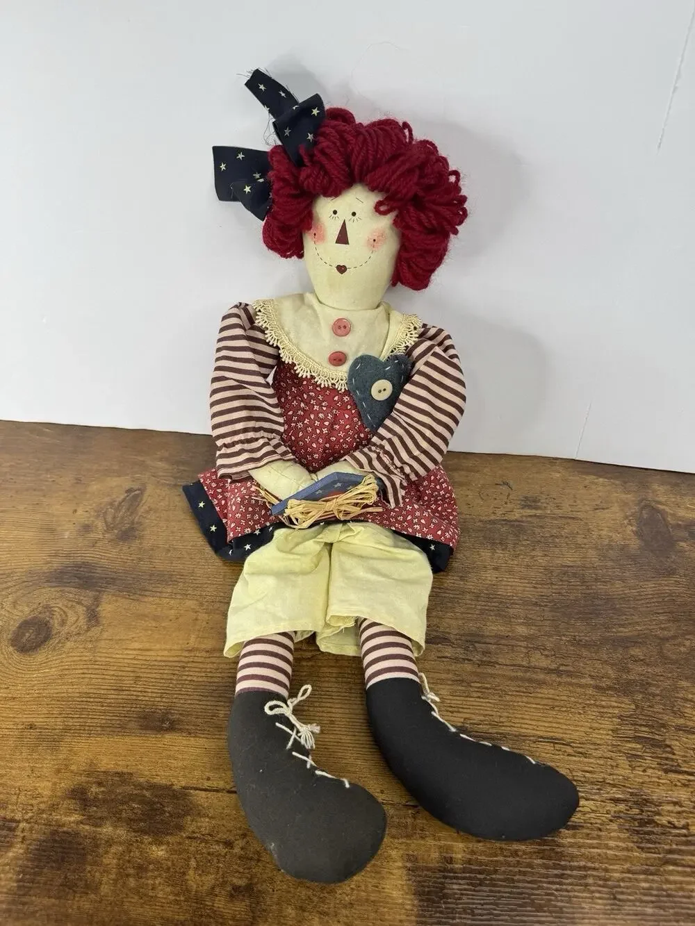 Vintage 1999 Springford Primitive Folk Art Rag Doll Red Yarn Hair 20in